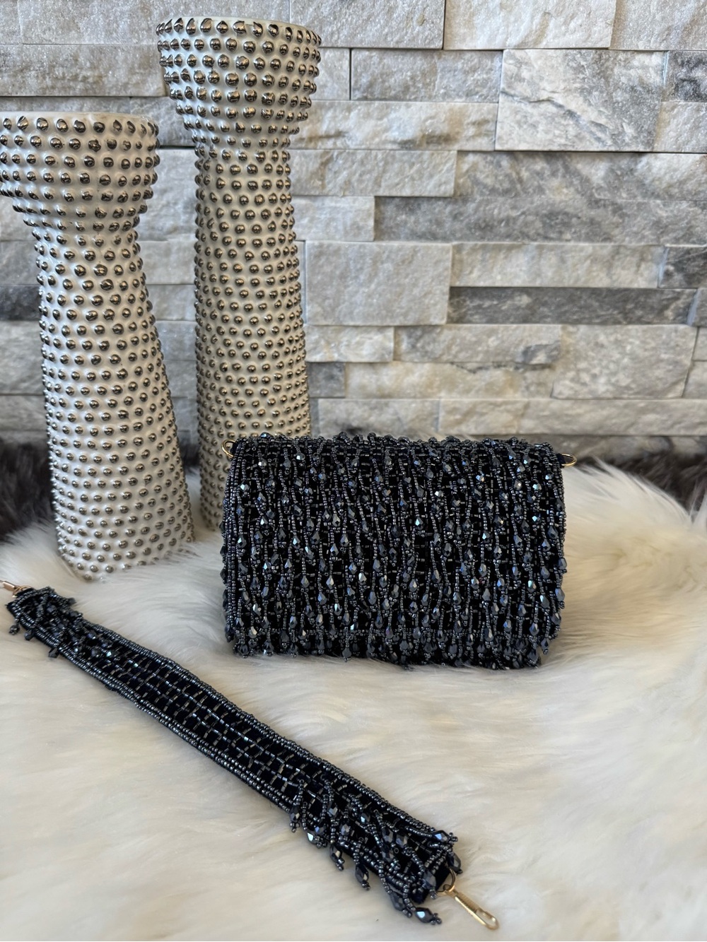 Black Beaded Evening Clutch with Detachable Tassel Strap